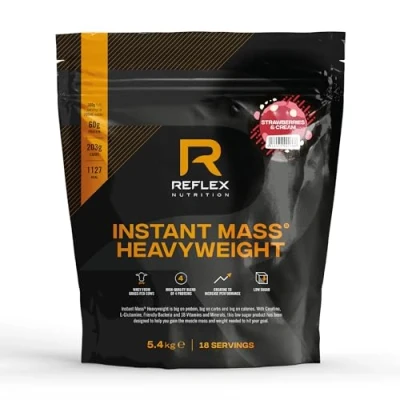 Image of Reflex Nutrition Instant Mass Heavyweight Gainer Over 1000 Kcal per Serving, 60g Protein, Creatine High Calorie Post Workout or Before Bed Protein Shake (Strawberries &amp; Cream, 5.4 kg)