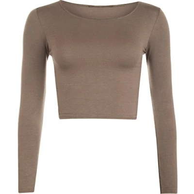Image of Womens Crop Long Sleeve T Shirt Ladies Short Plain Round Neck Top Mocha 12/14