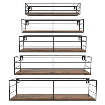 Image of HORLIMER Floating Shelves for Wall Set of 5, Wooden with Bars, Rustic mounted or Kitchen, Bathroom, Bedroom, Living Room