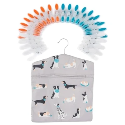 Image of Beldray COMBO 9046 Peg Bag &amp; Pegs Dog Print Clothespin Storage Sack with Hanger, 24 Pack Durable Clothes Pegs, Rust Moisture Resistant, Recycled Plastic, for Washing Line, Indoor/Outdoor