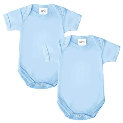 Image of Baby Bodysuits, Vests, Newborn Cotton Short Sleeved Bodysuit, British Made for Boys or Girls, 2 Pack, Blue,