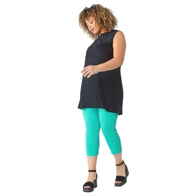 Image of Roman Originals Plus Size Cropped Trousers for Women UK Ladies Curve Capri Leggings Summer Pants Short Crop Stretch 3/4 Length Three Quarter Pedal Pusher Clothes Elasticated Teal 18