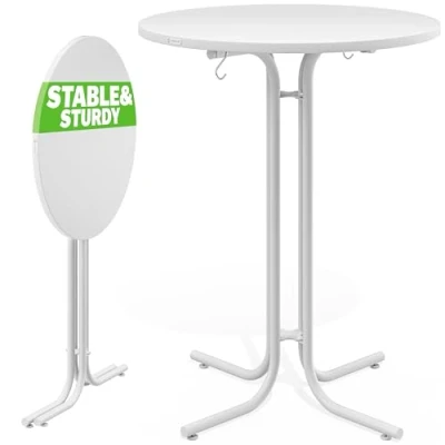 Image of CASARIA® Foldable Round Bar Table 70 x 110cm Sturdy Garden High with Wooden Top and Powder Coated Metal Frame Bistro &amp; Party White