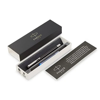 Image of Parker Vector Fountain Pen Black with Chrome Trim Medium Nib Blue Ink Gift Box