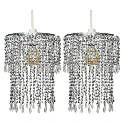 Image of Pair of Modern Sparkling Chrome Acrylic Crystal Jewel Bead Effect Ceiling Pendant Light Shades