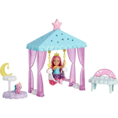 Image of Barbie Dreamtopia Chelsea Small Doll and Accessories, Playset with Gazebo Swing, Kitten More, HLC27