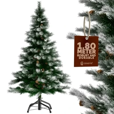 Image of CASARIA® Green Artificial Fir Christmas Tree With Snow Effect &amp; Pine Cones 6ft Xmas Metal Stand PVC Plastic, Fire Resistant Quick Easy Assembly 180cm /
