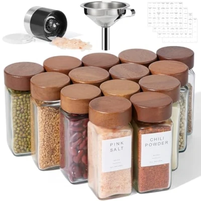 Image of Yangbaga 12PCS Glass Spice Jars set With Wooden Lids Shaker Spices &amp; Seasoning Kitchen Storage Organisation of And Labels Stickers…