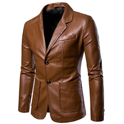 Image of Hebezn Men&#039;S Leather Jacket，Autumn Blazer Jacket，Pu Coats Business Slim Fit Jacket Men Suit (Color : Khaki, Size L)