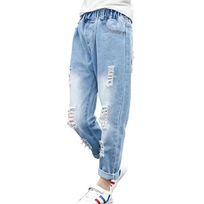 Image of NABER Kids Girls Fashion Washed Denim Pants Elastic Waistband Cool Ripped Jeans Size 4 14 Years (Blue2, 9 10 Years)