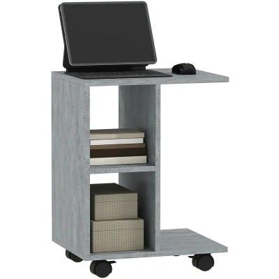Image of HOMCOM C Shape End Table Unique Storage Unit w/ 2 Shelves 4 Wheels Freestanding Home Office Furniture Cabinet Square Studio Grey