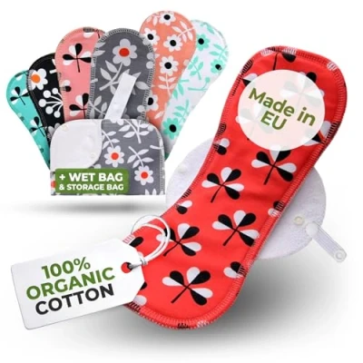 Image of Reusable Sanitary Pads, 7 Pack + Bag Multi Size Organic Cotton Washable Pads MADE IN EU; Period Pad, Cloth Menstrual; Incontinence for Women