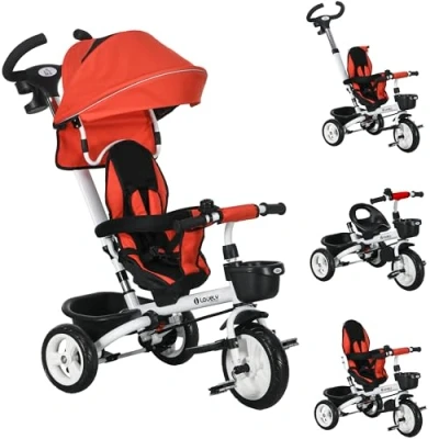 Image of HOMCOM 6 in 1 Trike for Toddler, Baby Push Tricycle Folding Bike with Parent Handle, Reversible Seat, Storage Basket, Canopy, 5 point Safety Harness, Kids Years, Red