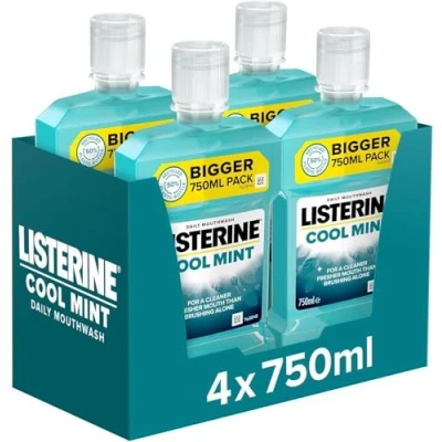 Image of Listerine Cool Mint Mouthwash Pack of 4 (4 x 750ml), Helps Kill Up to 99% Germs Left After Brushing and Reduce Plaque, Freshen Breath Maintain Healthy Gums