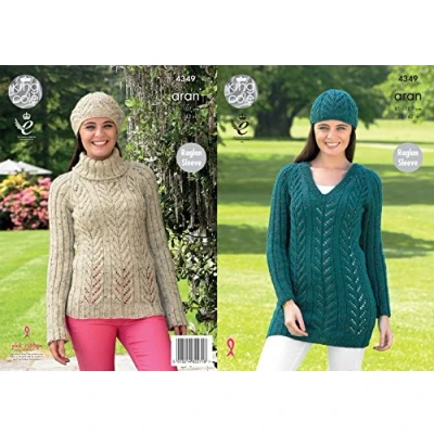 Image of King Cole 4349 Knitting Pattern Raglan Sleeve Sweater, Tunic and Hat in Fashion Aran