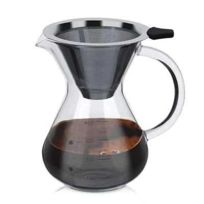 Image of HERCHR Pour Over Coffee Maker,400ml/14Oz Borosilicate Glass Brewer Server,Glass Hand Drip with Permanent Stainless Steel Filter Manual Dripper for Home