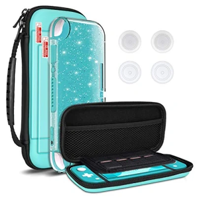 Image of DLseego Carry Case Compatible with Switch Lite,Portable Travel Bag Cover Hard Shell 1 Glitter Case, 2 Screen Protectors and 4 Thumb Grip Caps for Lite Green