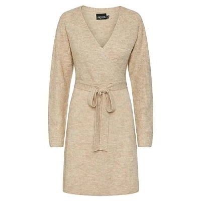 Image of PIECES Women&#039;s Pcellen Ls Wrap Knit Dress Noos Bc, White Pepper, XS