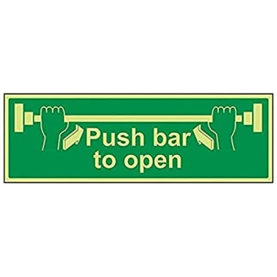Image of V Safety 22001BJ G Glow In The Dark Push Bar To Open Sign 450mm x 150mm Rigid Plastic, Green