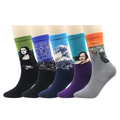 Image of Cansok Men&#039;s Mona Lisa Starry Night Van Gogh Scream Novelty Dress Crew Socks (Art Famous Painting 5 pairs)