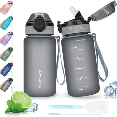 Image of AOHAN 600ML Water Bottle with Leak Proof Flip Top Lid, BPA Free Sport Drinking Straw, Dishwasher Safe Non Toxic Jug Carrying Strap