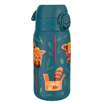 Image of Ion8 Lightweight Steel Kids Water Bottle, 400ml/13oz, Non Insulated, Leak Proof, Easy to Open, Secure Lock, Dishwasher Safe, Fits Cup Holders, Carry Handle, Metal Teal, Red Pandas