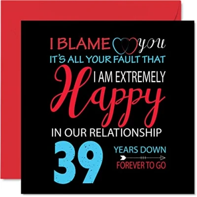 Image of Funny 39th Anniversary Card for Husband Wife Your Fault I&#039;m Extremely Happy Wedding Partner, 145mm x Greeting Cards Thirty Ninth Anniversaries