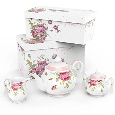 Image of London Boutique Large Teapot Milk Jug Sugar Bowl Afternoon Tea Set Teapots New Bone China Vintage Flora Gift Box 1300ml (Whole Set)