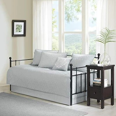 Image of Madison Park Cotton Daybed Cover Set Double Sided Quilting Classic Cottage Design All Season Bedding with Bedskirt, Matching Shams, Decorative Pillow, 75&quot;x39&quot;, Quebec Grey 6 Piece
