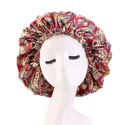 Image of Cospack Satin Bonnet for Natural Hair Bonnets Black Women Silk Curly Cap Sleeping Sleep (Wine)