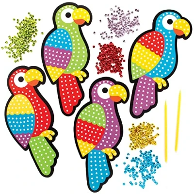 Image of Baker Ross FE185 Parrot Sequin Art Kits Pack of 4, Make Your Own Childrens Set, Creative Activities for Kids, Decorate Arts and Crafts Project