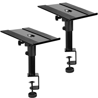 Image of VIVO Klemm Lautsprecherständer Schreibtischhalterung Set, 25.4x22.9 cm Ablagen, Höhenverstellung und Neigung, schwarz, MOUNT SP01CB