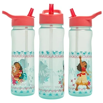 Image of Disney Moana Water Bottle Flip Up Straw 600ml Official Merchandise Kids Reusable Non Spill BPA Free Recyclable Plastic Ideal For School Nursery Sports Picnic Turquoise &amp; Pink