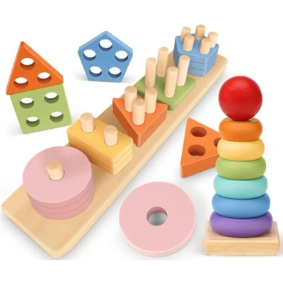 Image of Subtail Montessori Toys for 1 Year Old Wooden 2 Boy And Girl Stacking Rings Early Development &amp; Activity Toddler 1st Birthday Gifts Girls