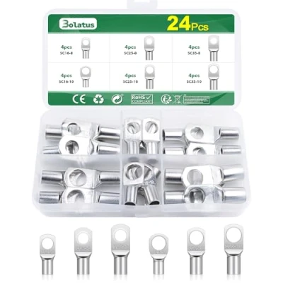 Image of Bolatus 24Pcs Cable Lugs, Crimps Bolt Hole Tinned Copper Terminals Set Tubular Lugs M8 M10 SC Ring Terminal Connectors Assortment Kit Crimp Type