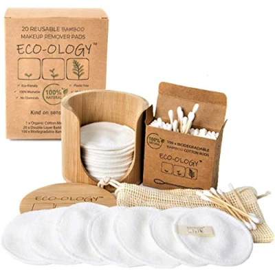 Image of ECO OLOGY™ 20 Reusable Makeup Remover Pads with Bamboo Storage Pot, 100x Biodegradable Ear Buds and Cotton Laundry Bag. Pads, for Cleansing or Removing