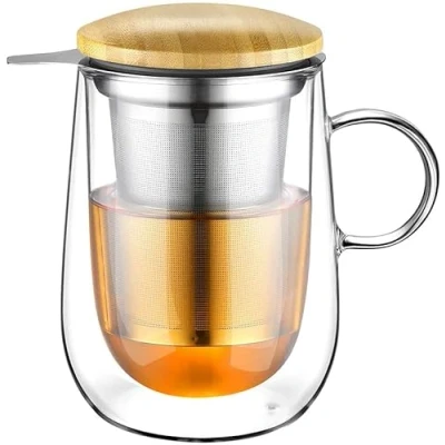 Image of glastal 430 ml Double Wall Glass Tea Cup with Stainless Steel Infuser Teacup Borosilicate Heat Resistant Handle for Milk Juice Ice Cream in Home or Office
