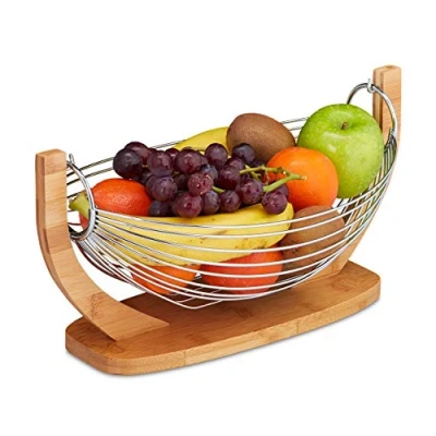 Image of Relaxdays Fruit Basket, Banana Hammock, Vegetable Bowl, Bamboo &amp; Stainless Steel, HxWxD: 18.5x38x23 cm, Natural/Silver 10028850