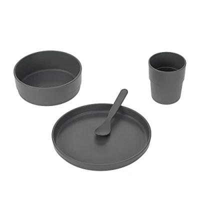 Image of LÄSSIG Children&#039;s Crockery Set (Plates, Cups, Bowls, Spoons) Without Melamine, BPA Free, for Dishwasher and Microwave/Dish Set, Plain Anthracite