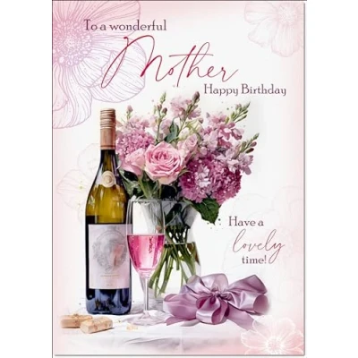 Image of doodlecards Mother Birthday Card Roses and Red Wine Medium Size with Plain Envelope