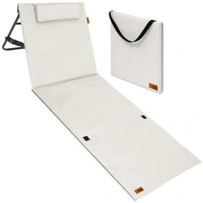 Image of DETEX® Folding Beach Lounger With Adjustable Backrest Lightly Padded Foldable Sun Bed Side Pocket Cushion Shoulder Strap Weatherproof Mat Beige