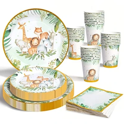 Image of Jungle Safari Theme Party Tableware Set, Kids Birthday Supplies 96pcs Paper Plates and Napkins Cups, Disposable Baby Shower Dinnerware for