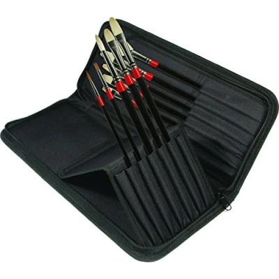 Image of Daler Rowney Georgian Oil Brush, Hog Bristle &amp; Sable Hair, Long Handle, Round, Bright, Short Filbert, Flat, Flat and Fan, , Zip Case, Fine Art Set, 10 Assorted brushes