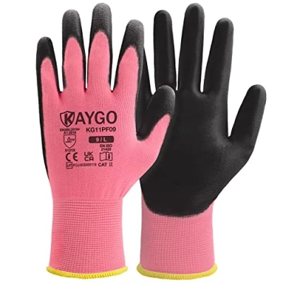 Image of KAYGO Work Gloves PU Coated 12 Pairs, KG11PF, Safety Working with Secure Grip on Palm &amp; Fingers, for Men and Women, Ideal General Duty Work, Gardening(Large, Pink)