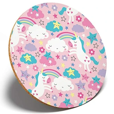 Image of 1 x Pink Unicorn Horse Rainbow Round Coaster Kitchen Student Kids #14796