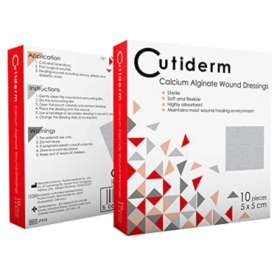 Image of Pack of 10 Cutiderm Calcium Alginate Low Adherent Wound Dressing 5cm x Suitable for cuts and lacerations, Post Surgical Wounds, exuding Including venous, arterial Diabetic ulcers