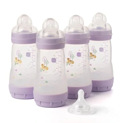 Image of MAM Easy Start Anti Colic Baby Bottles 4 Pack (4X 260ml) Self Sterilising Milk Bottle Medium Flow Teats Size 2 + 1x Fast Teat 3 Pink (Various Designs)