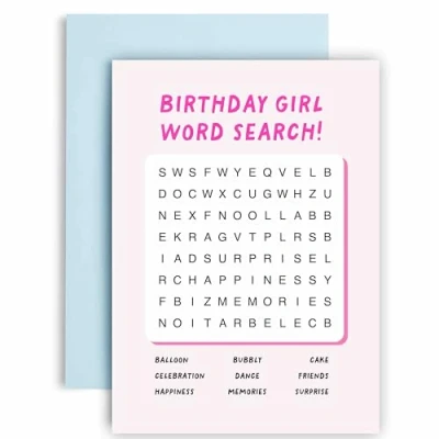 Image of Huxters Funny Birthday Card for Her Friend Female Wordsearch Mum Sister Auntie 14.8cm