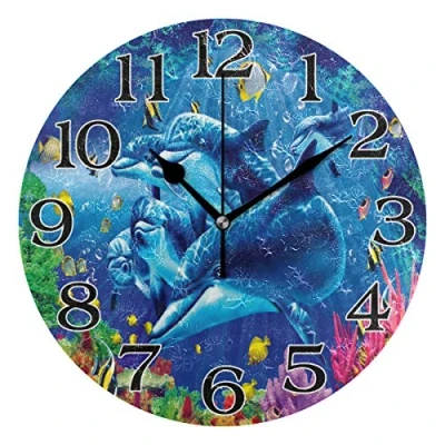 Image of linomo Cute Animal Dolphin Fish Wall Clock Decor, Silent Non Ticking Round Quiet for Kitchen Living Room Bedroom Bathroom Office