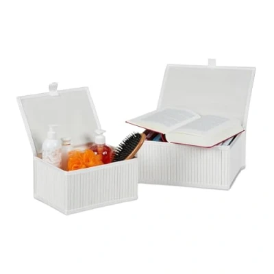 Image of Relaxdays Storage Basket, Set of 2, 2 Sizes, with Lid, Bathroom, Children&#039;s Room, Bamboo &amp; Fabric, Box, White